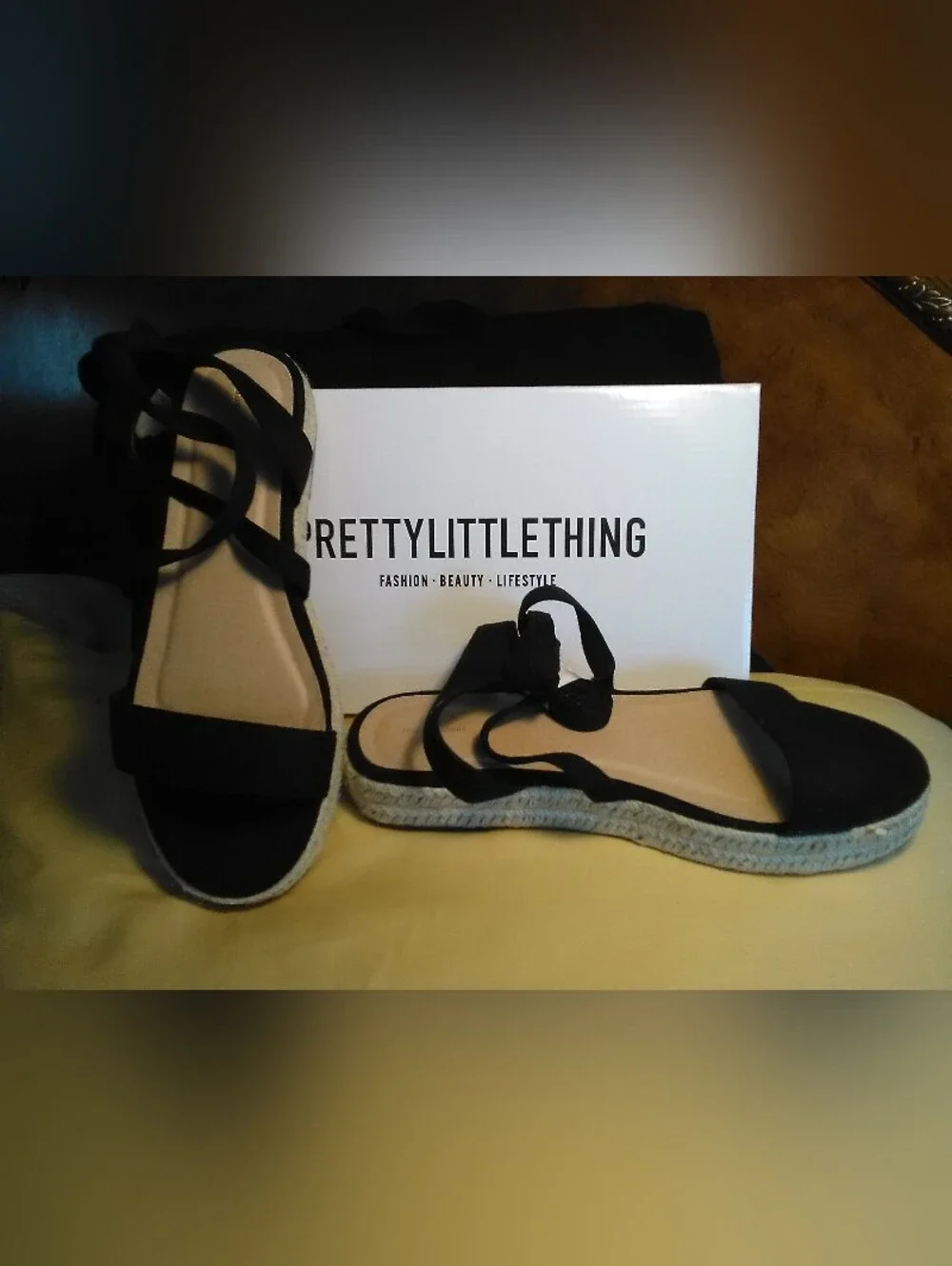 NIB PrettyLittleThing Black Lace-Up Espadrille Sandals CUSHIONED SZ. 6